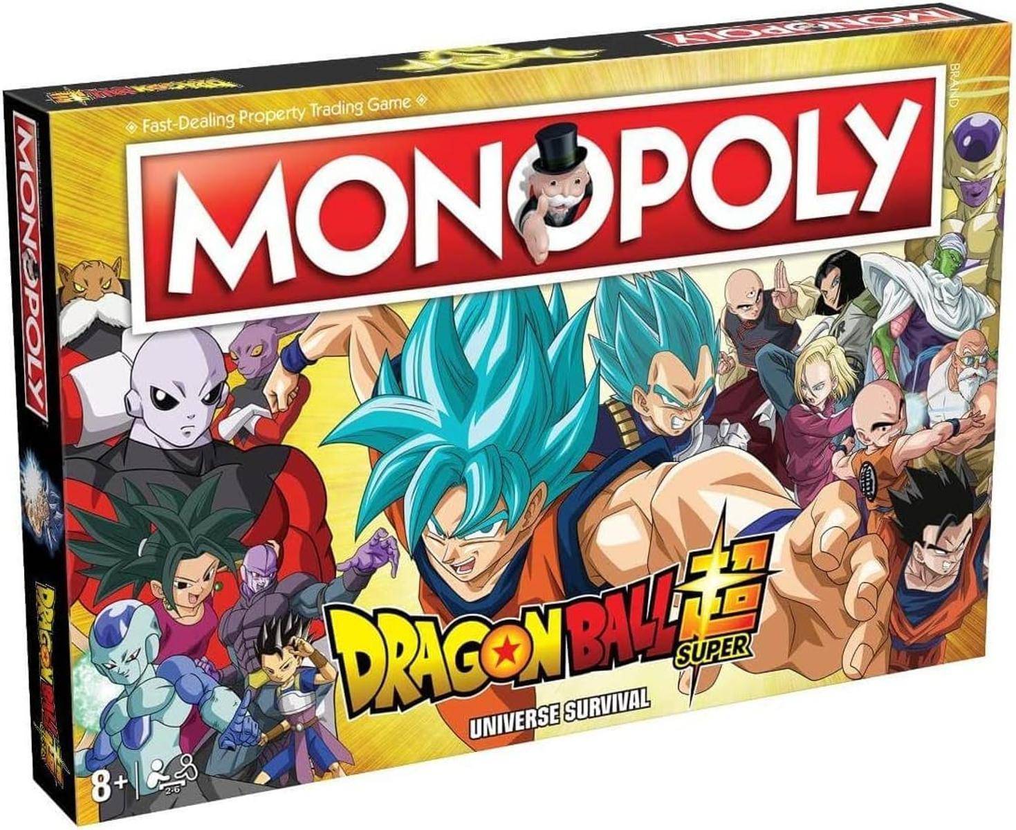 Monopoly Dragon Ball Super Brettspiel-Box mit Charakteren aus dem Universe Survival Arc und dem Monopoly-Logo.