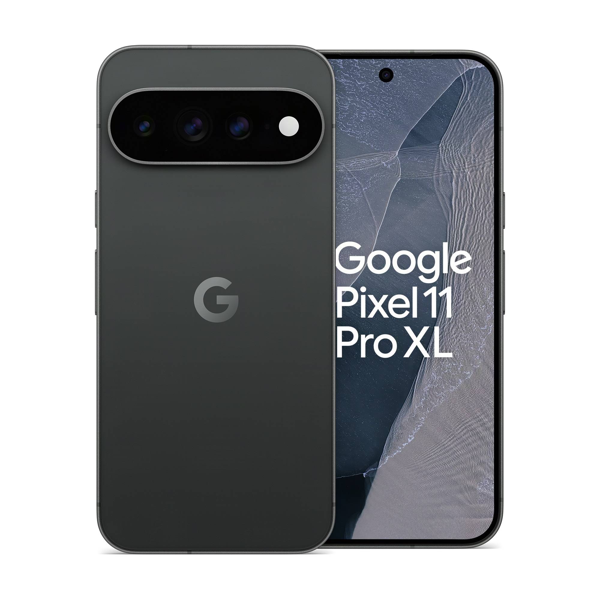 Vorder- und Rückansichten eines Google Pixel 11 Pro XL Smartphones in Dunkelgrau, die die hintere Kameraleiste und das Display-Branding des Telefons zeigen.