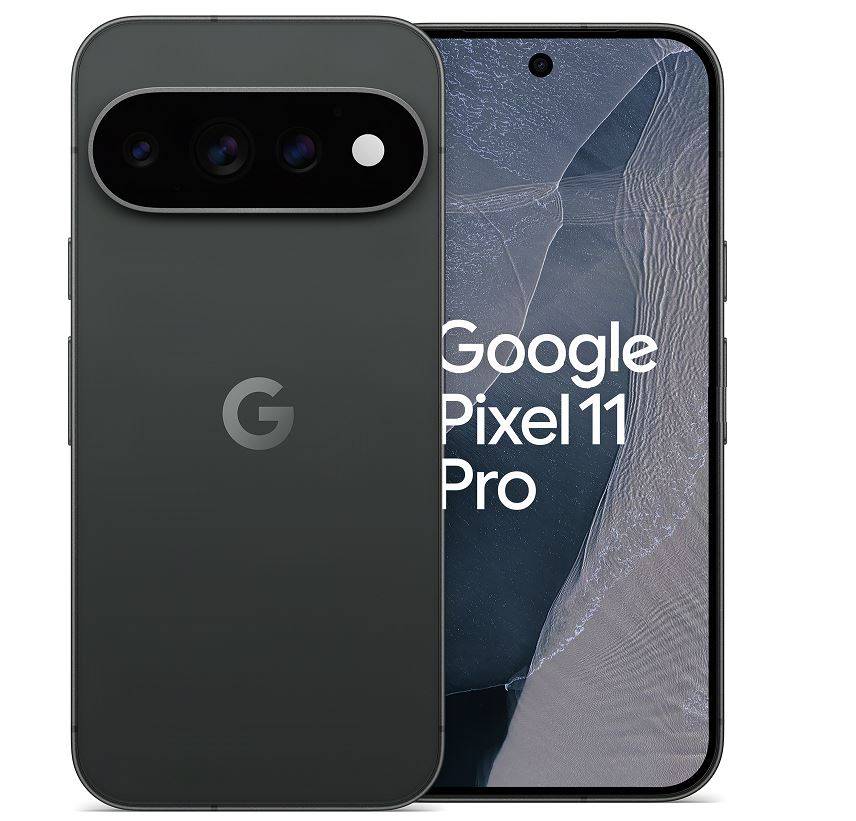 Google Pixel 11 Pro Smartphone, von vorne und hinten gezeigt, mit Hervorhebung der hinteren Kameraleiste und zentriertem G-Logo auf der matten schwarzen Rückseite.
