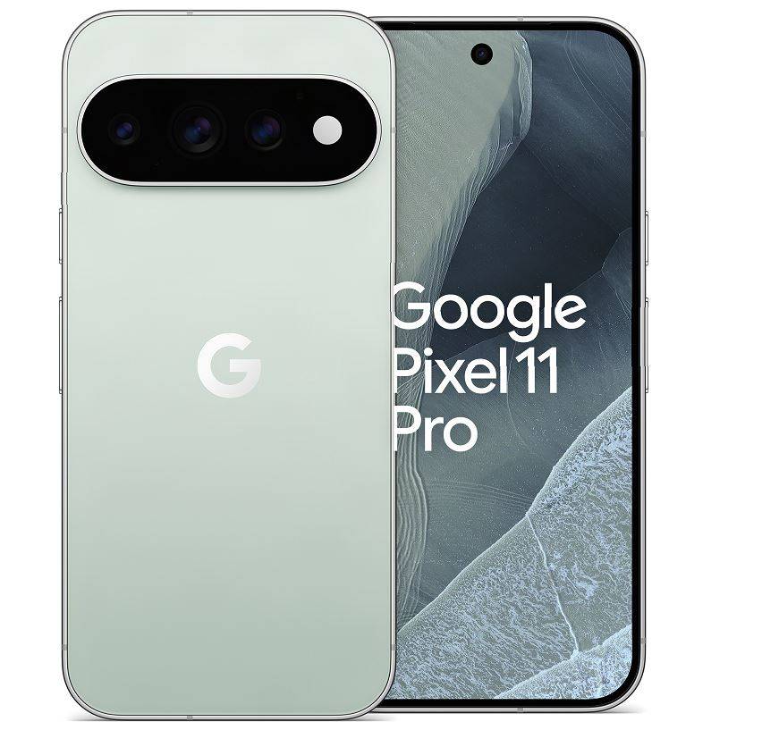 Google Pixel 11 Pro Smartphone von vorne und hinten gezeigt, mit mintgrüner Rückseite, dreifacher Kamerabalken und Produktname auf dem Bildschirm.