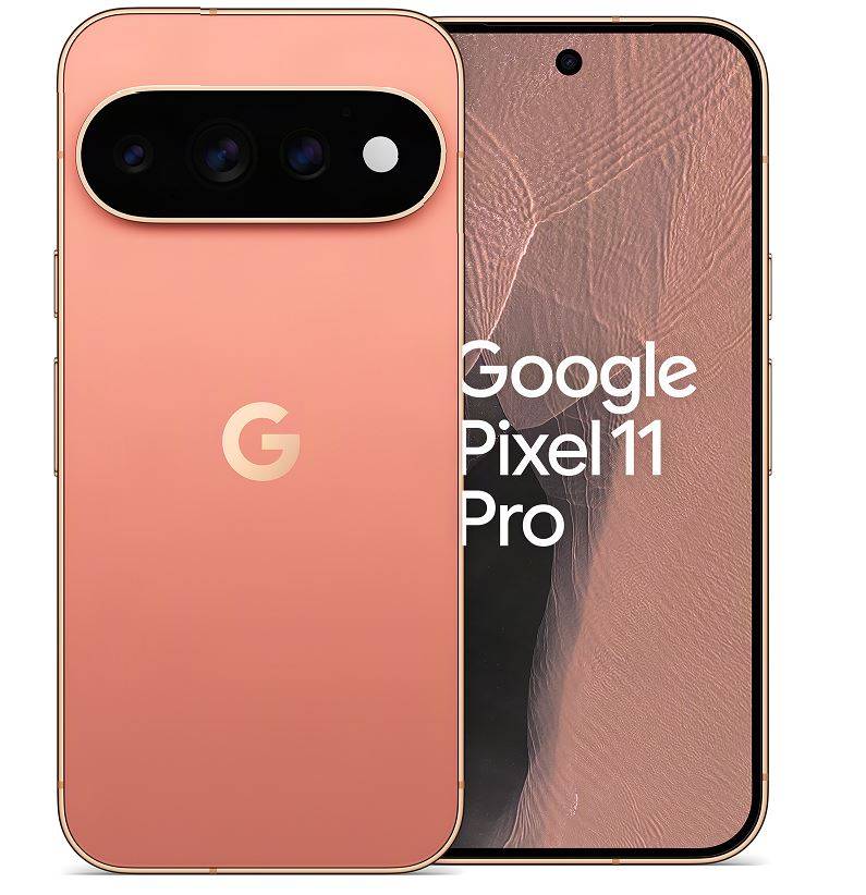 Google Pixel 11 Pro Smartphone von vorne und hinten gezeigt, Design in Rosa/Gold mit dreifacher Rückkamera und Text auf dem vorderen Display.