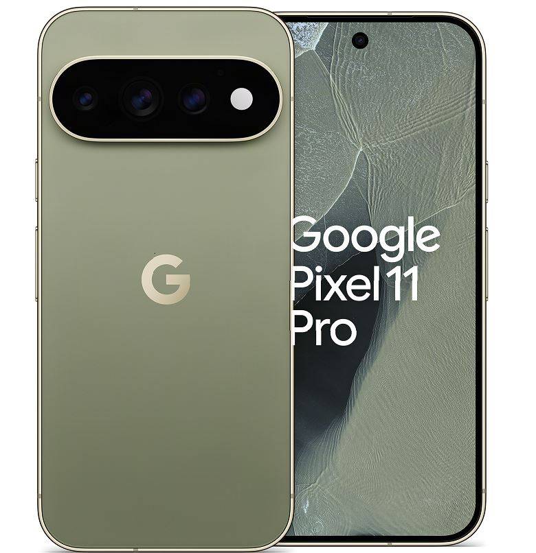 Google Pixel 11 Pro Smartphone von vorne und hinten in Grün gezeigt, mit dreifacher Rückfahrtkamera und dem Modellnamen auf dem Display.