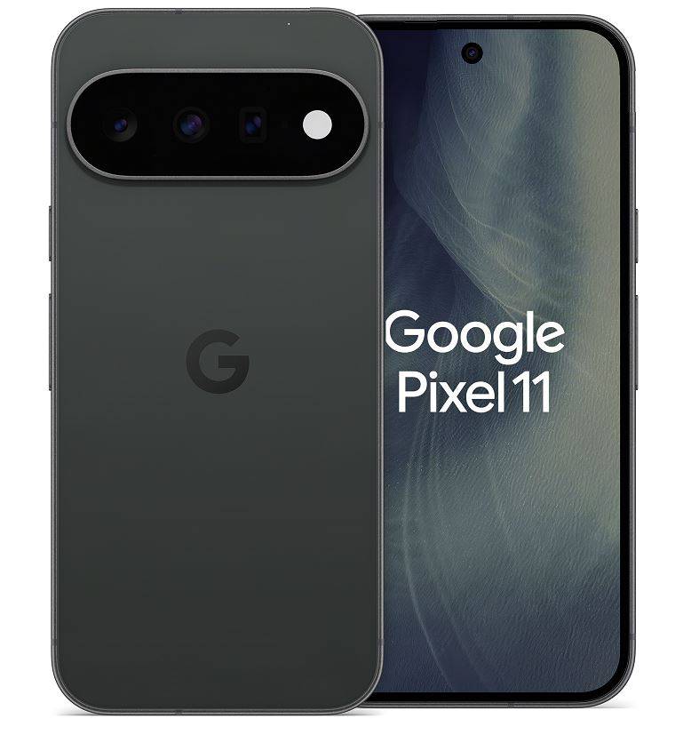 Vorder- und Rückansichten eines Google Pixel 11 Smartphones, die die hintere Kameraleiste und die 