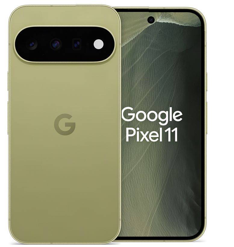 Google Pixel 11 Smartphone von vorne und hinten in Olivgrün dargestellt, mit dreifacher rückwärtiger Kameraleiste und 