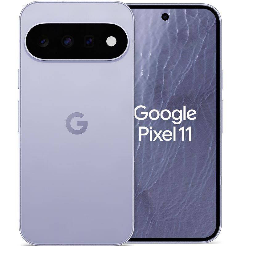 Google Pixel 11 Smartphone von vorne und hinten dargestellt, mit violettem Rücken, zentrierter Kamerabalken und 