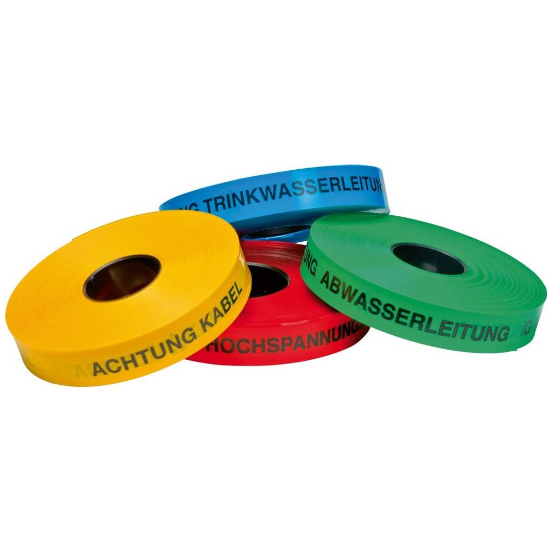 Vier Rollen Absperrband in Gelb, Blau, Rot und Grün, beschriftet in Deutsch für Kabel, Trinkwasser, Abwasser und Hochspannungsleitungen.