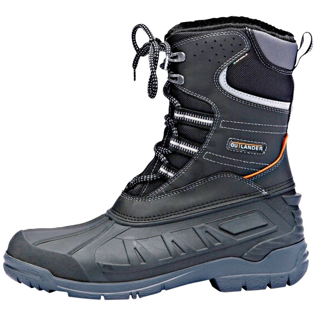 Schwarzer isolierter Schnürstiefel für den Winter mit dicker profilierter Sohle und gepolsterter hoher Knöchelunterstützung, in Seitenansicht vor weißem Hintergrund gezeigt.