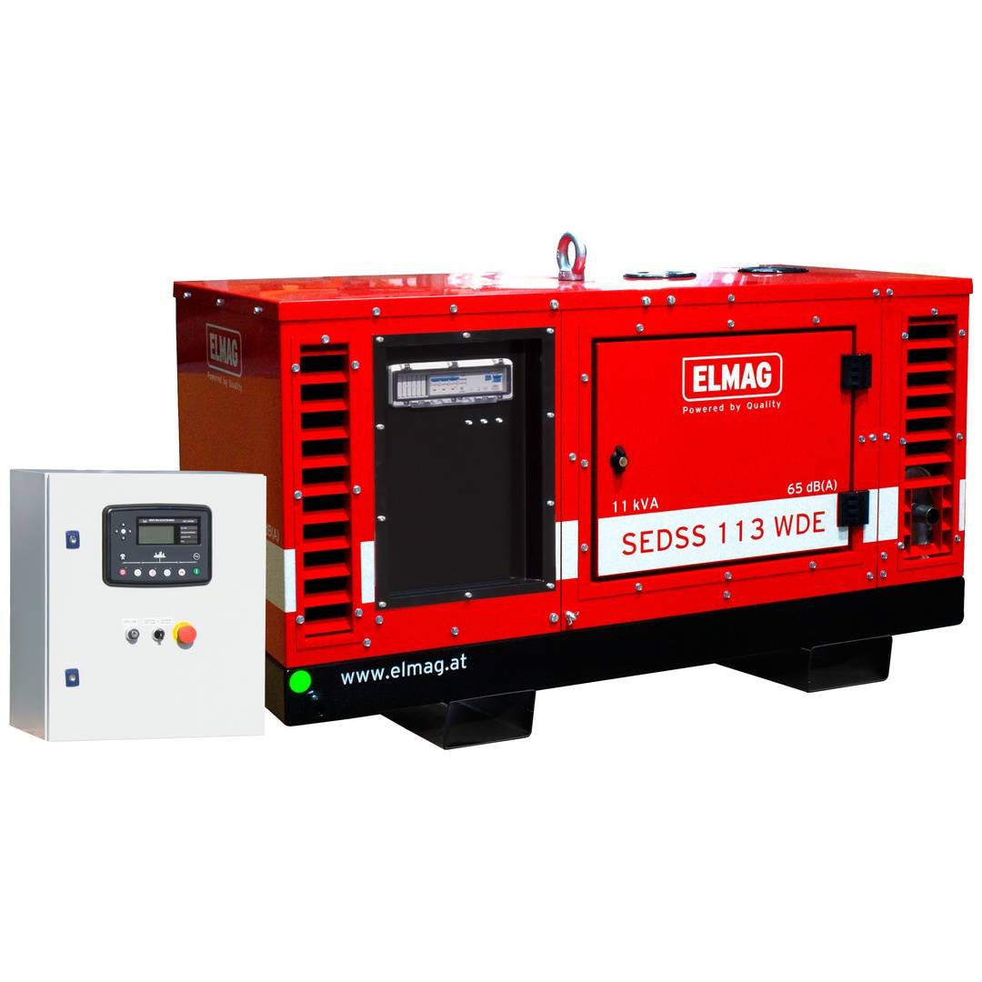 Roter tragbarer Generator mit der Bezeichnung „ELMAG SEDSS 113 WDE