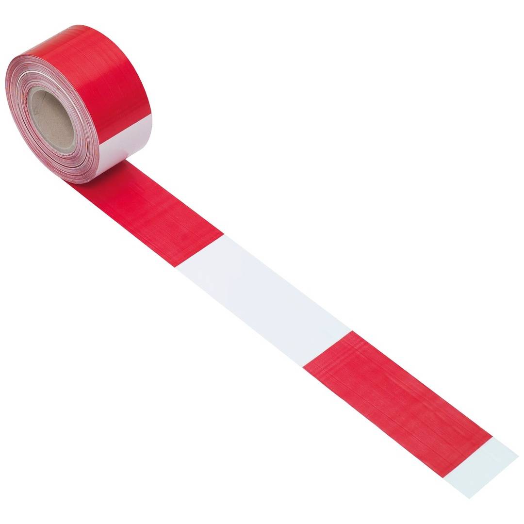 Rolle rot-weiß gestreiftem Absperrband, das sich diagonal über einen weißen Hintergrund abwickelt.