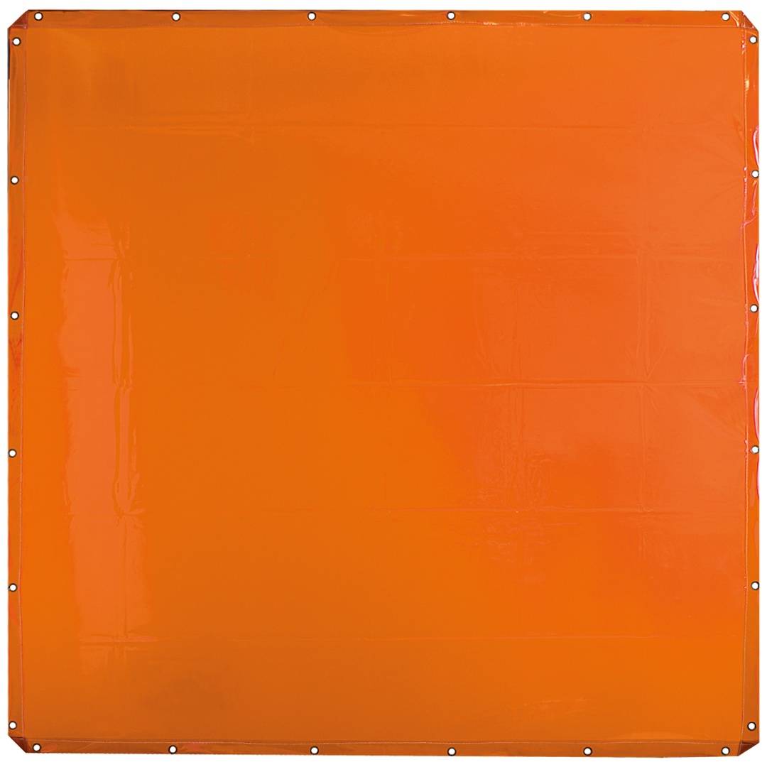 Solide orange rechteckige Plane oder Vinylfolie mit Metallösen um die Kanten, auf einem einfachen Hintergrund gezeigt.