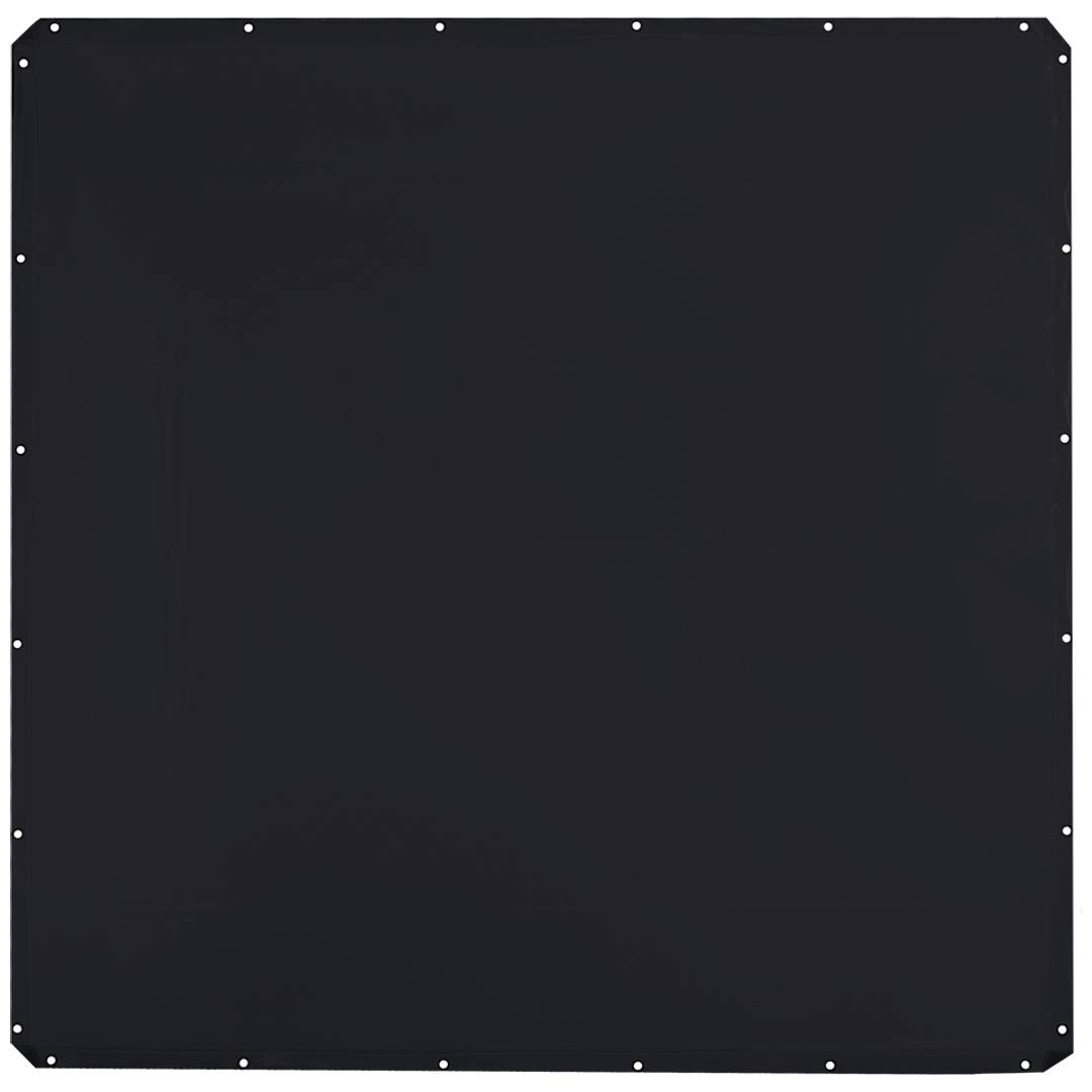 Schwarzes Quadratpaneel mit abgerundeten Ecken und kleinen weißen Befestigungslöchern rund um die Kante, frontal dargestellt.