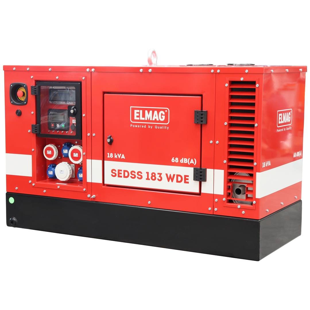 Rote ELMAG Dieselgenerator mit Bedienfeld und Lüftungsöffnungen, gekennzeichnet mit „SEDSS 183 WDE
