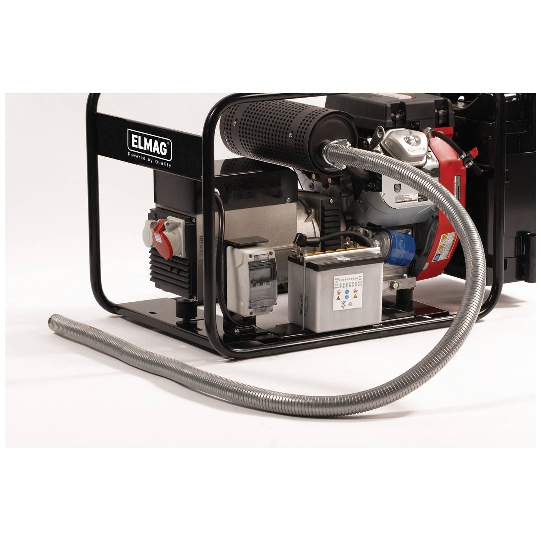 Tragbarer ELMAG-Generator mit freiliegendem Motor und Schaltkastnen, gezeigt in einem schwarzen Metallrahmen mit einem wellpappe Schlauch an der Vorderseite.