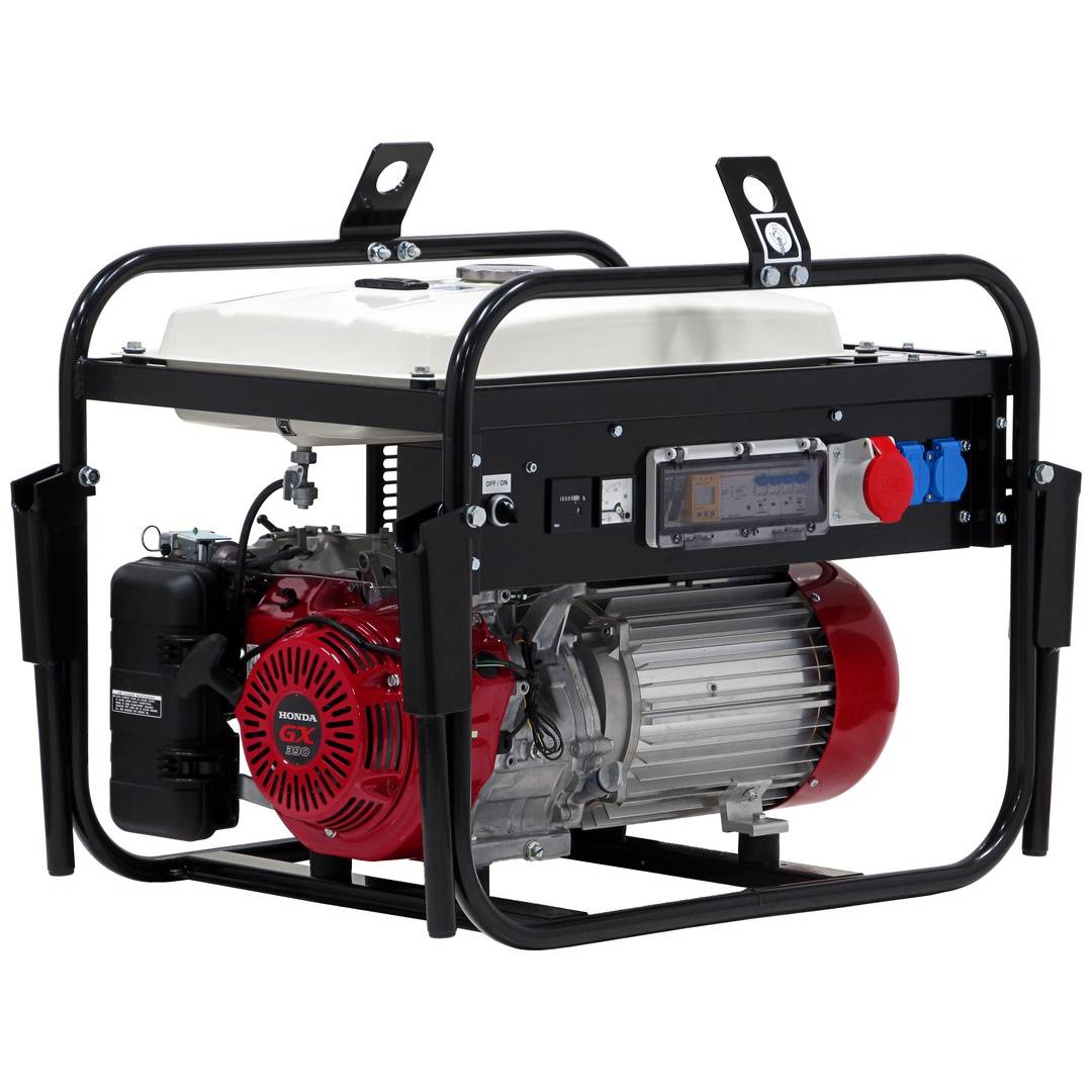 Tragbarer Benzingenerator in schwarzem Stahlrahmen mit roten Motorkomponenten und Anschlussfeld an der Seite