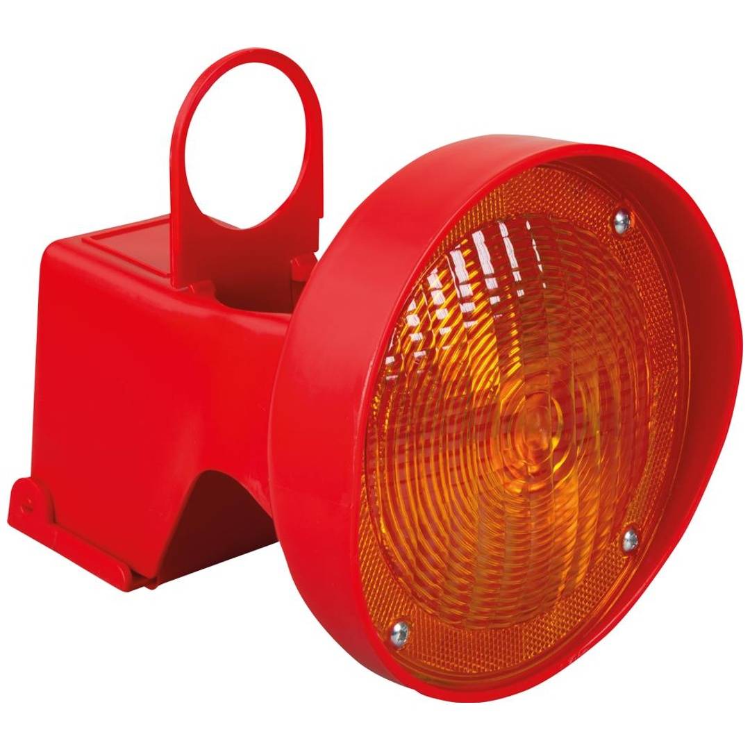 Rotes Industriewarnsignal oder Leuchtfeuer mit orangefarbenem Linsenträger und Griffhalterung auf weißem Hintergrund.