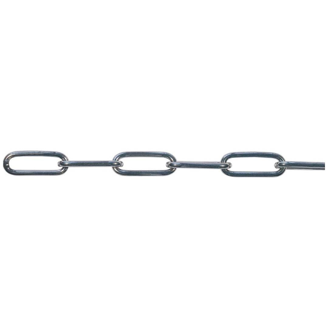 Eine horizontale Metallkette mit drei sichtbaren verbundenen ovalen Gliedern auf weißem Hintergrund.