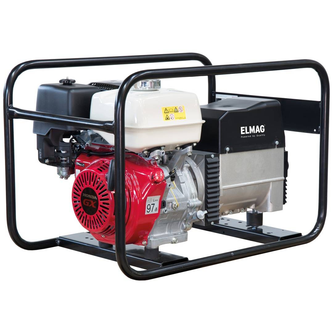 Tragbarer offener Stromgenerator mit rotem Honda-GX-Motor und schwarzem ELMAG-Generatorgehäuse.