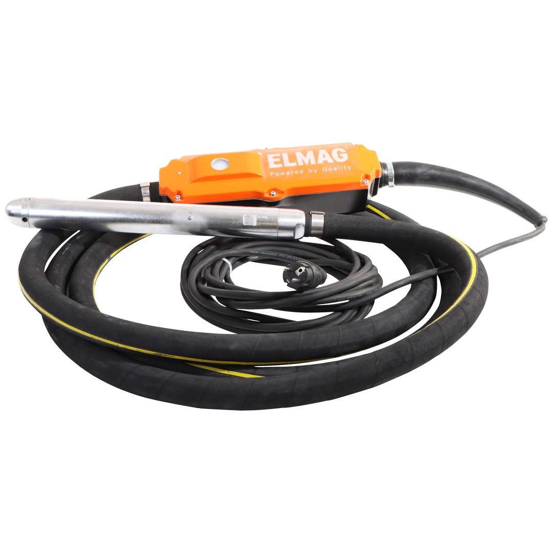 Orange ELMAG Elektrowerkzeug mit langem Kabel und Schlauch, aufgerollt auf weißem Hintergrund.