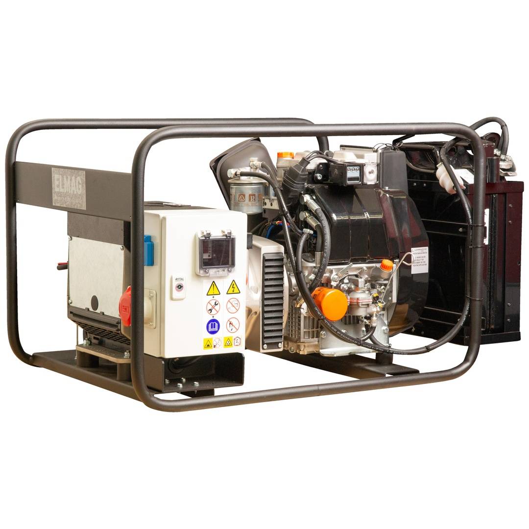 Tragbarer Industriegenerator in einem Metallrahmen, zeigt Motor, Steuerkastens, Kraftstoffsystem und Kühlkomponenten.