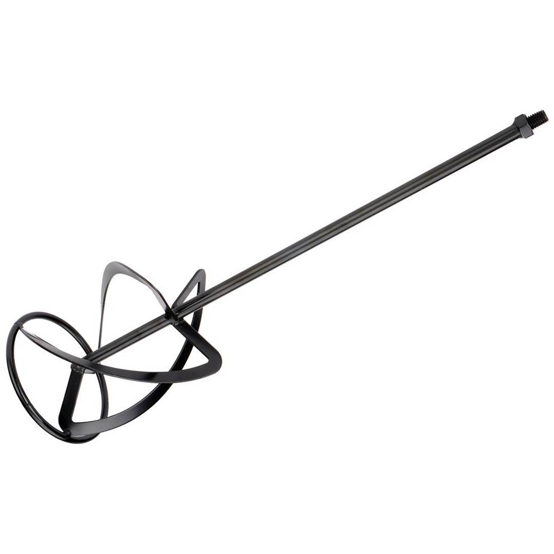 Schwarzer Farbmischerflügel mit langem Metallschaft und spiralförmigen Mischblättern auf weißem Hintergrund.