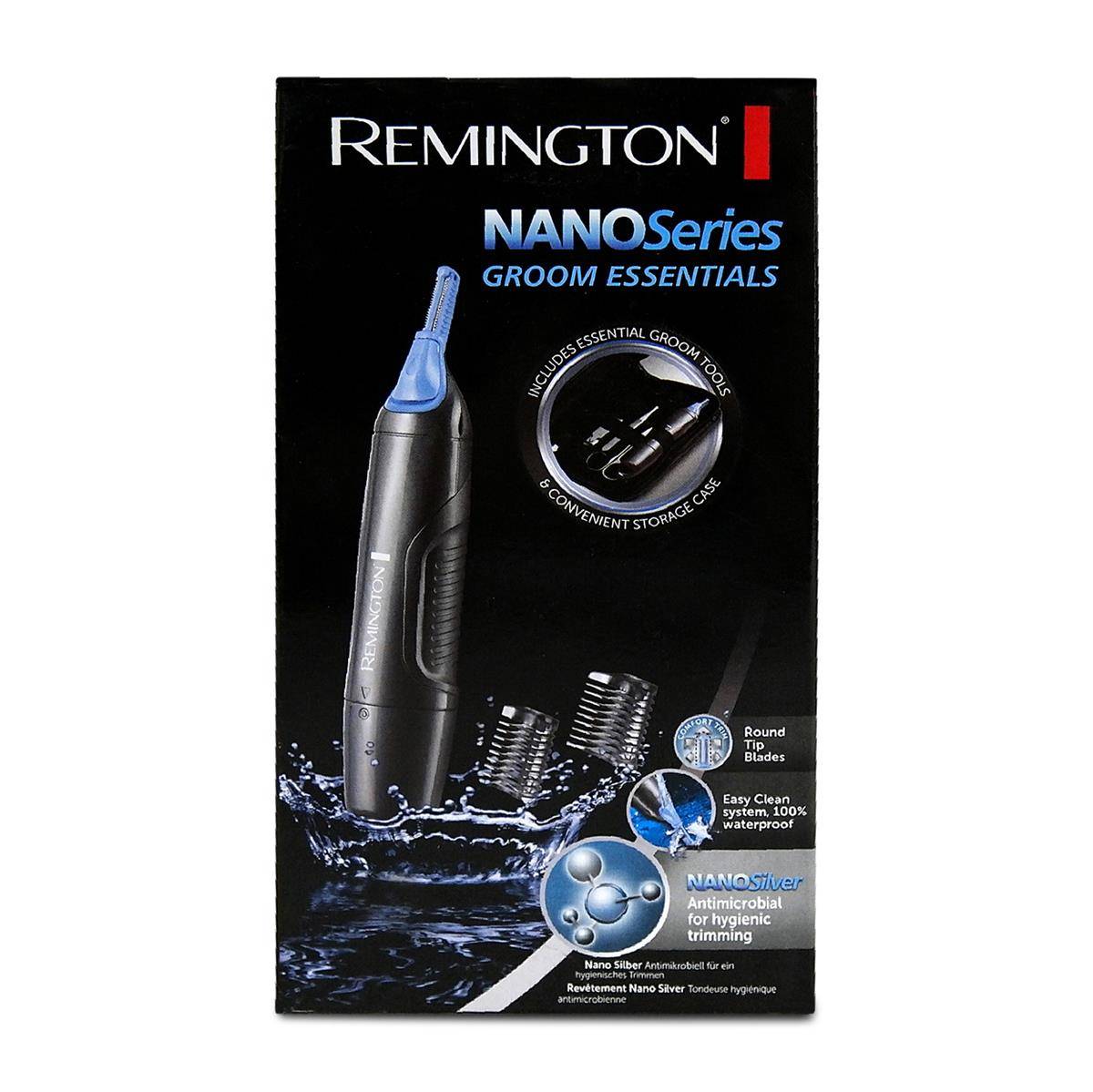 Verpackung für Remington NANOseries Groom Essentials, zeigt einen Trimmer mit essentiellen Pflegeutensilien, runden Klingen und wasserdichten Eigenschaften.