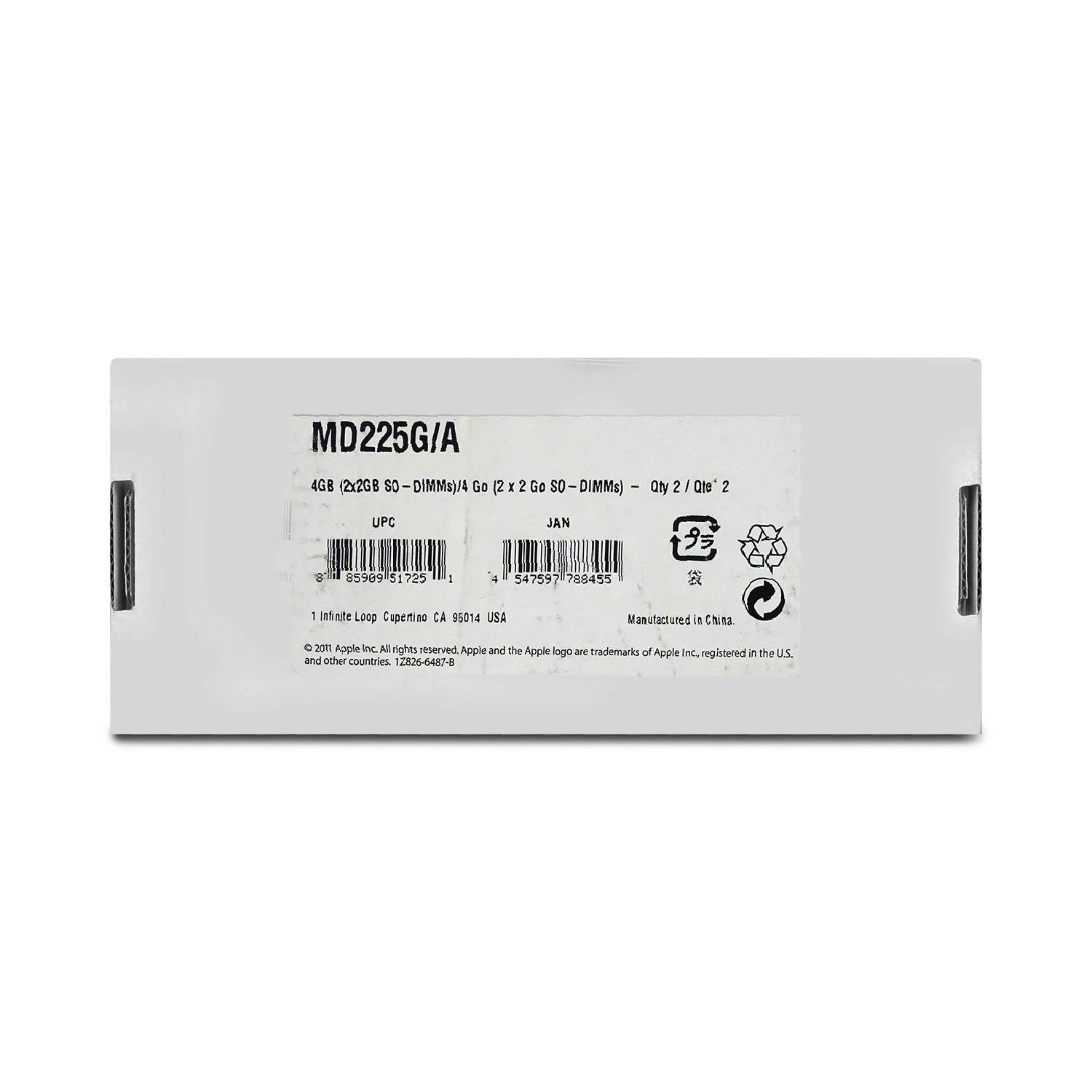 Weiße Apple-Produktverpackung mit Bezeichnung „MD225G/A