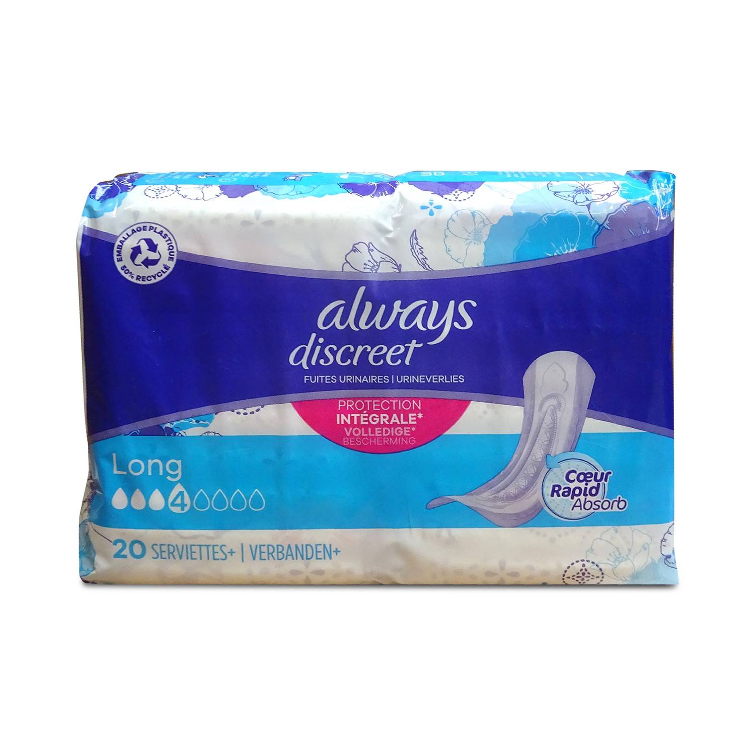 Always Discreet Long saugfähige Einlagen Packung, 20 Servietten, mit „Cœur Rapid Absorb