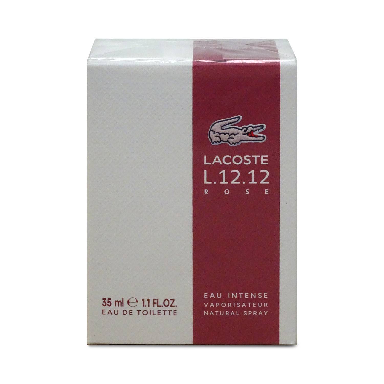 Schachttel Lacoste L.12.12 Rose Eau de Toilette, 35 ml, mit rotem vertikalem Etikett und Krokodil-Logo.