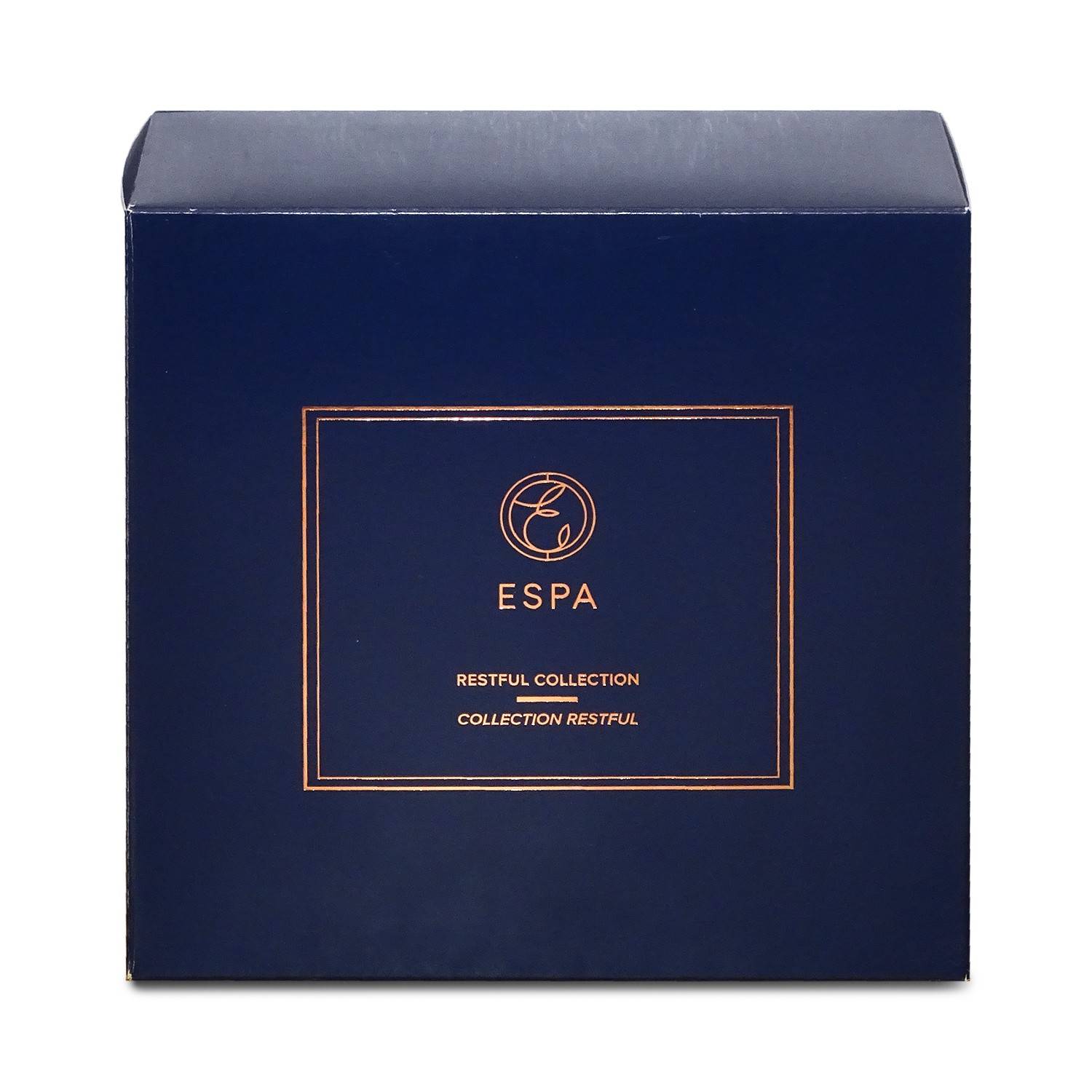 Blaue ESPA Restful Collection Schachtel mit goldenem Logo und goldener Bordüre, zentriert auf der Vorderseite.
