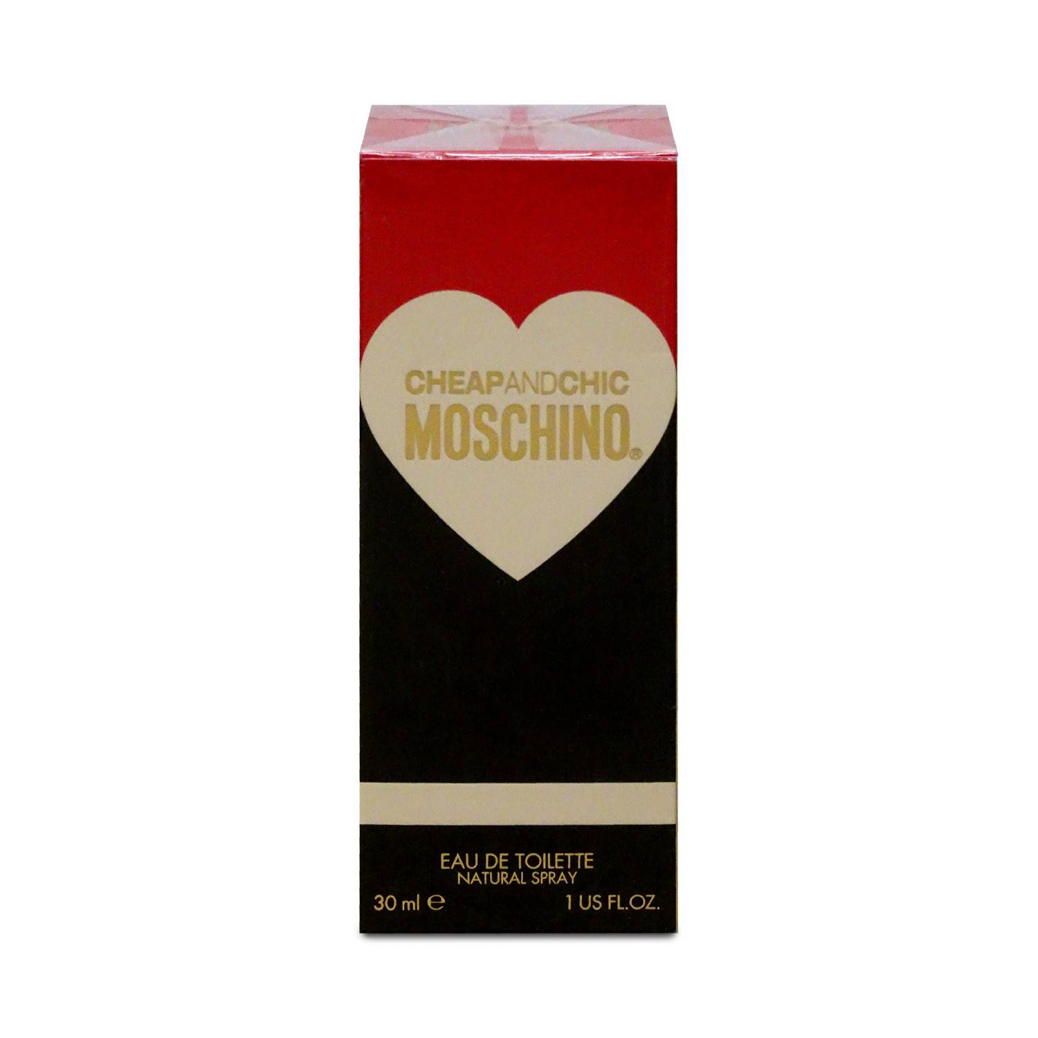 Cheaps and Chic Moschino Eau de Toilette Flakon, rot und schwarz mit weißem Herzlogo, 30 ml Spray-Verpackung.