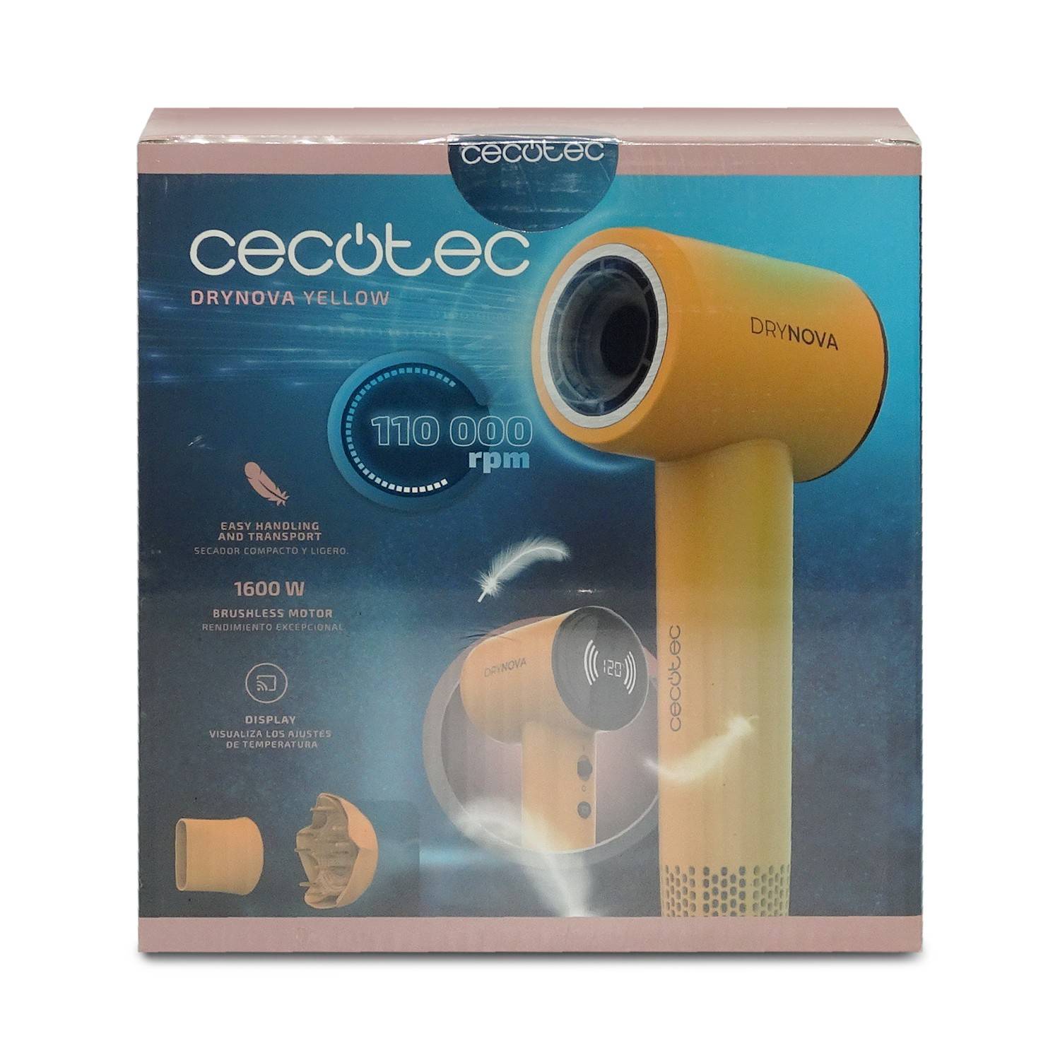 Verpackung eines Cecotec DryNova Yellow Haartrockners mit Abbildung des gelben Haartrockners und Hauptmerkmalen: 110.000 U/min, 1600 W, bürstenloser Motor und Display.