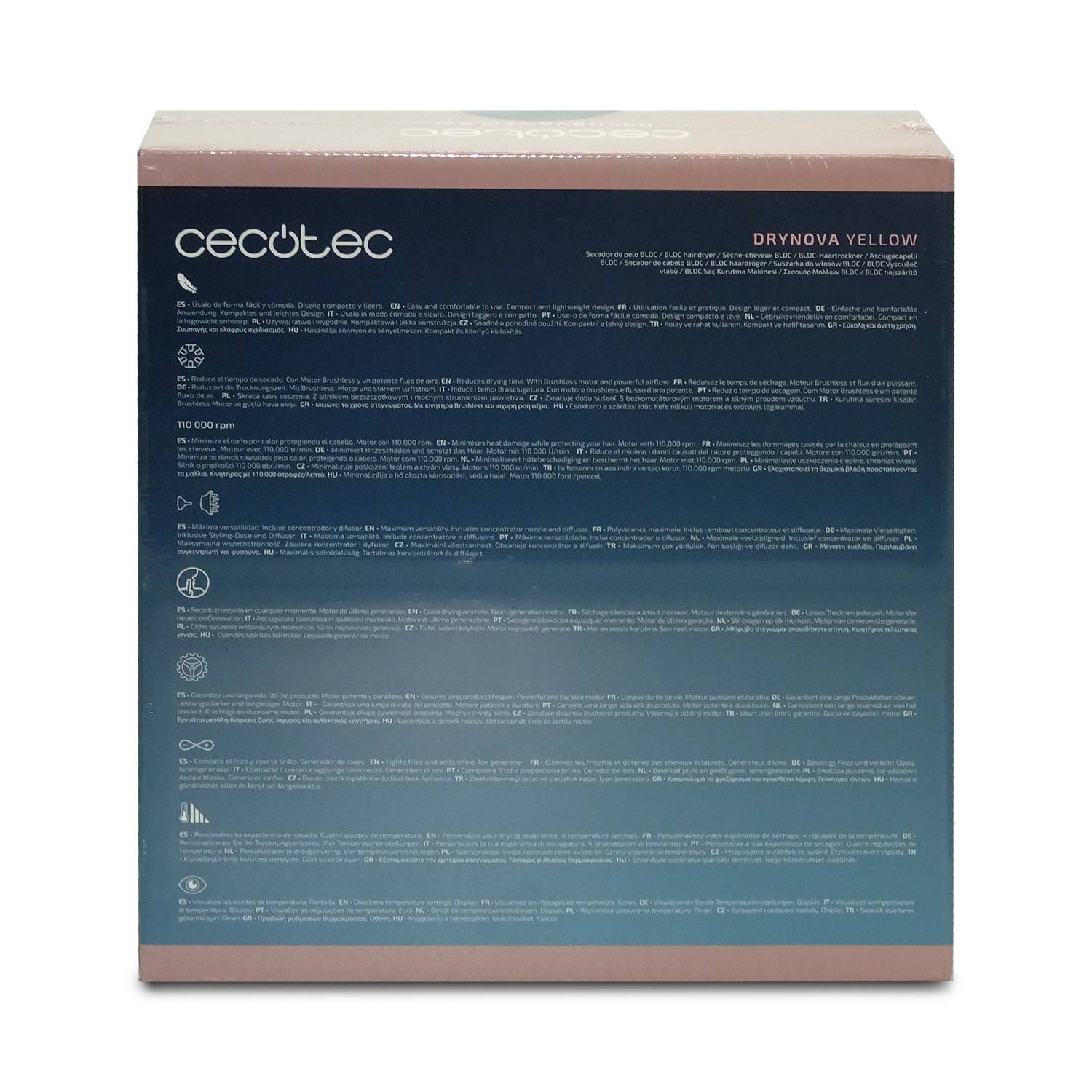 Cecotec 'DRYNOVA YELLOW' Produktbox mit Funktionssymbolen und mehrsprachigen Spezifikationen auf einem dunkelblauem Etikett.
