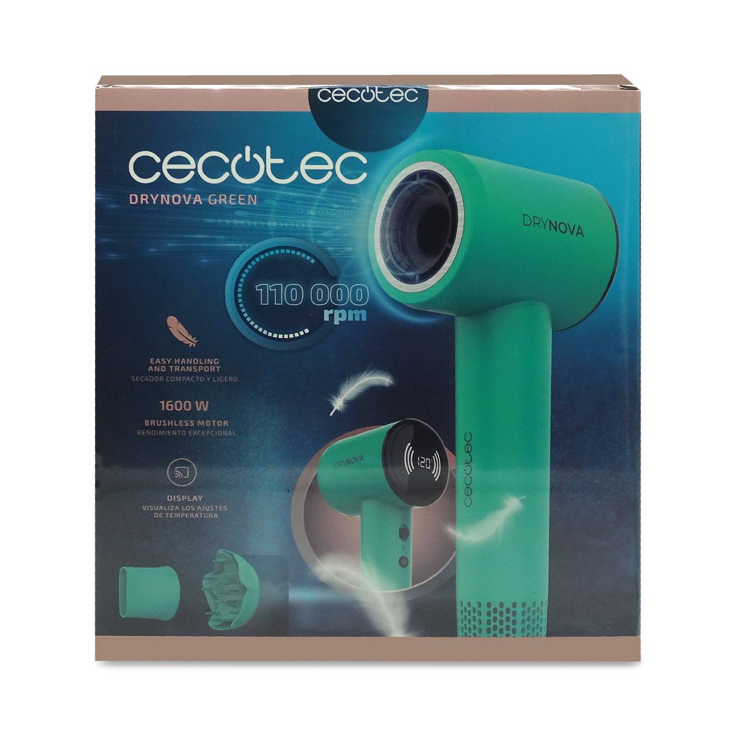 Verpackte Cecotec DryNova Green Haartrocknerin Grün, mit 110.000 U/min, 1600 W bürstenloser Motor und Display-Funktionen.