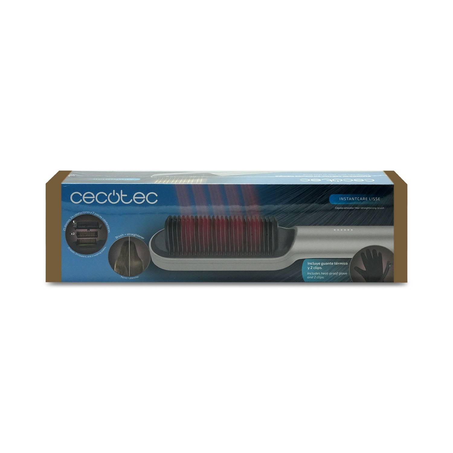 Boxed Cecotec 'Initial Care' Haarglätter oder Bürste, gezeigt in blauer Einzelhandelsverpackung mit Produktabbildung und Bedienelemente.