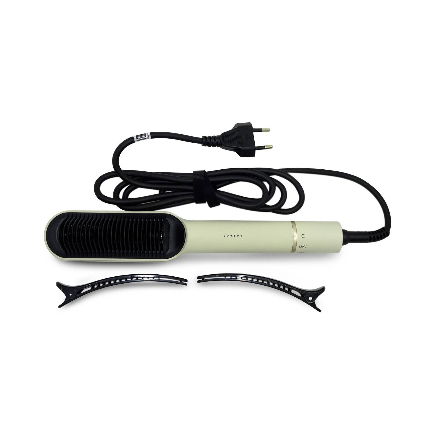 Haarstyling-Werkzeug mit Kabel und Stecker, darunter auf weißem Hintergrund zwei abnehmbare Kammaufsätze dargestellt.