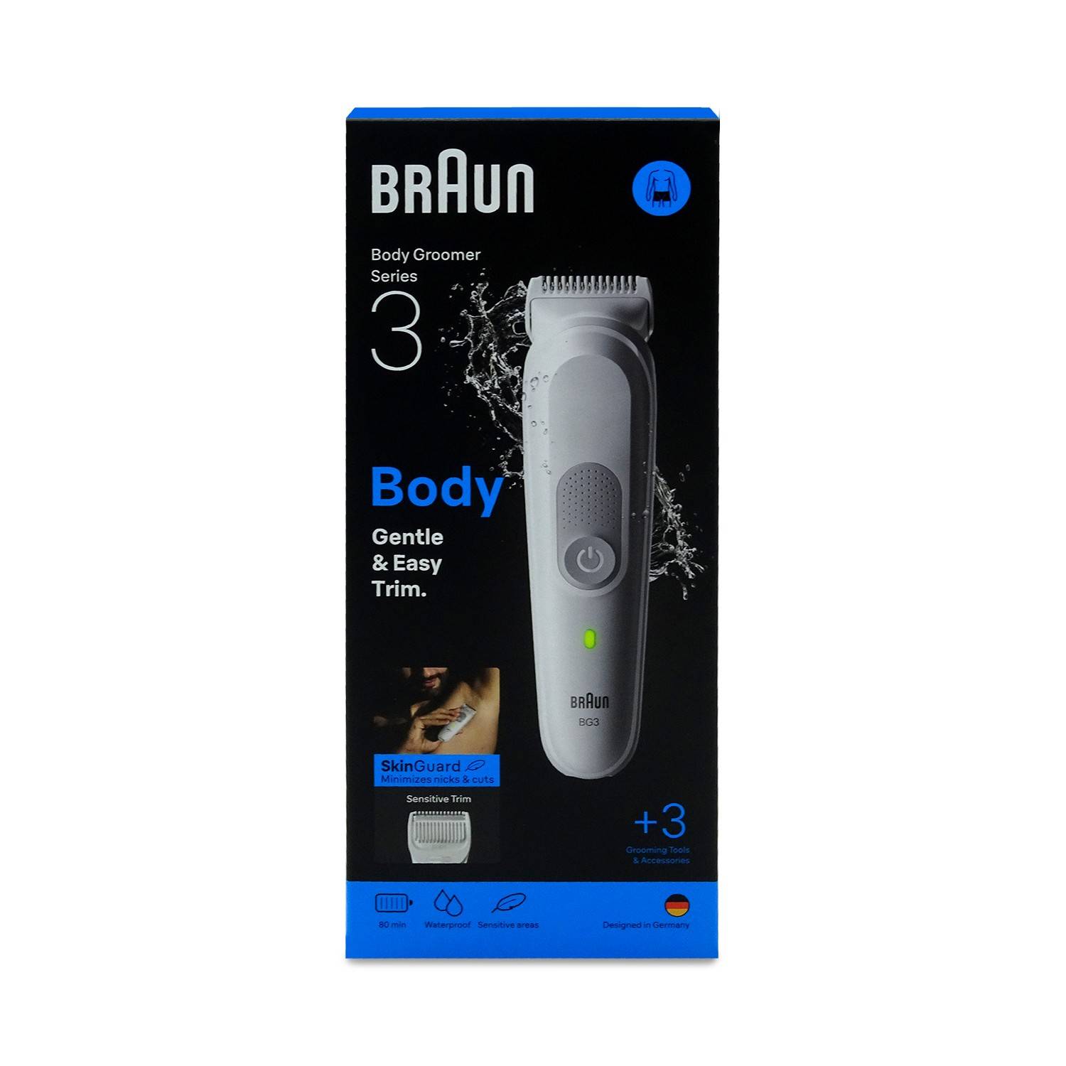Braun Body Groomer Series 3 Schachtel mit einem Trimmer, mit Text 