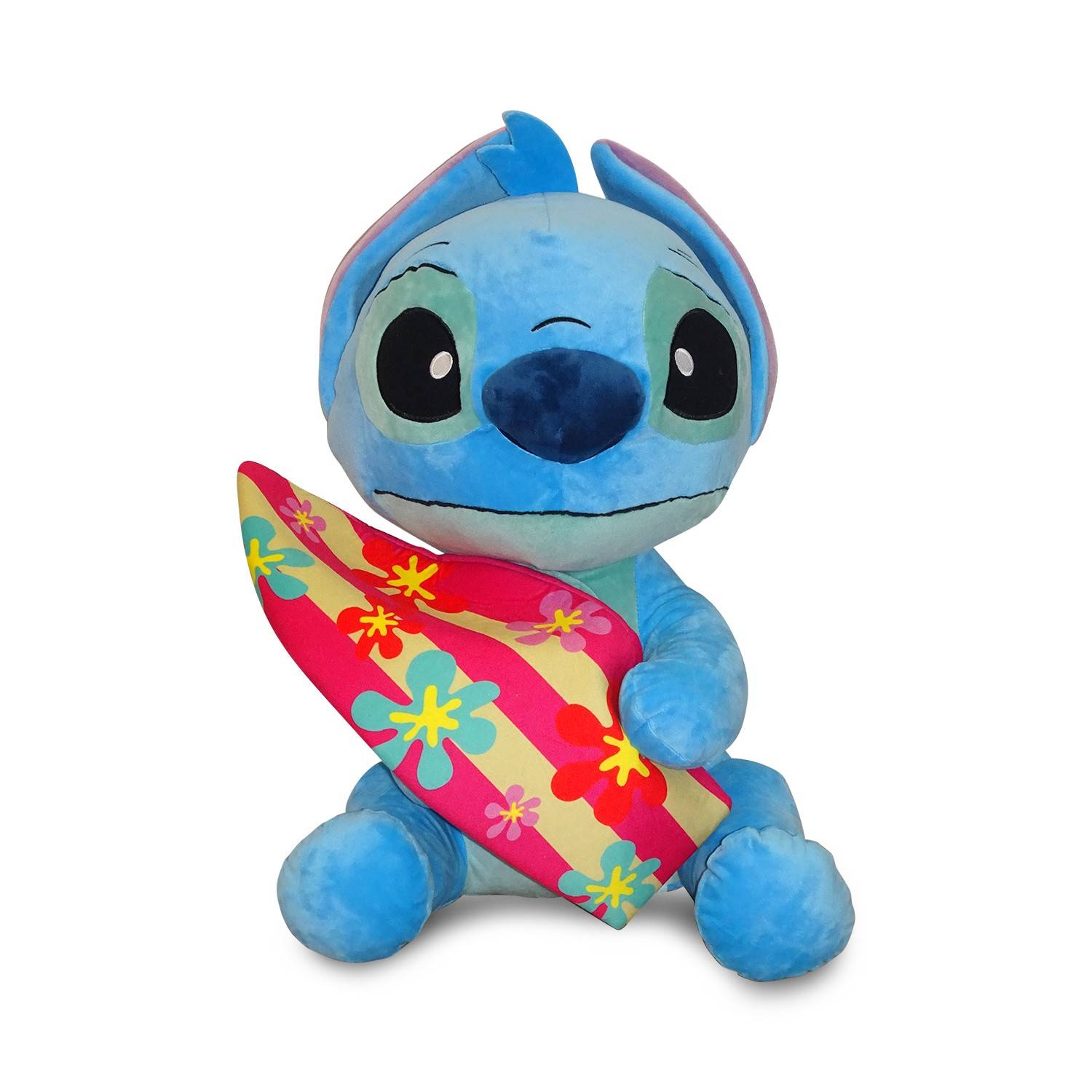 Blaues Stitch Plüschtier, das ein buntes blumiges Surfbrett hält, sitzt vor weißem Hintergrund.