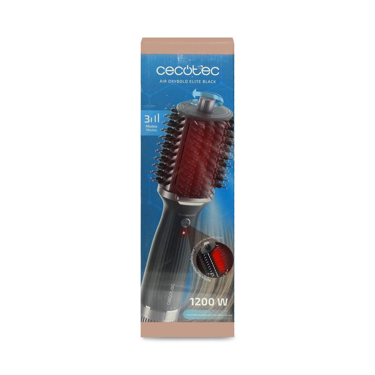 Karton für Cecotec Air DryBold Elite Black Haartrockner, zeigt eine Bürstenaufsatz und „1200 W