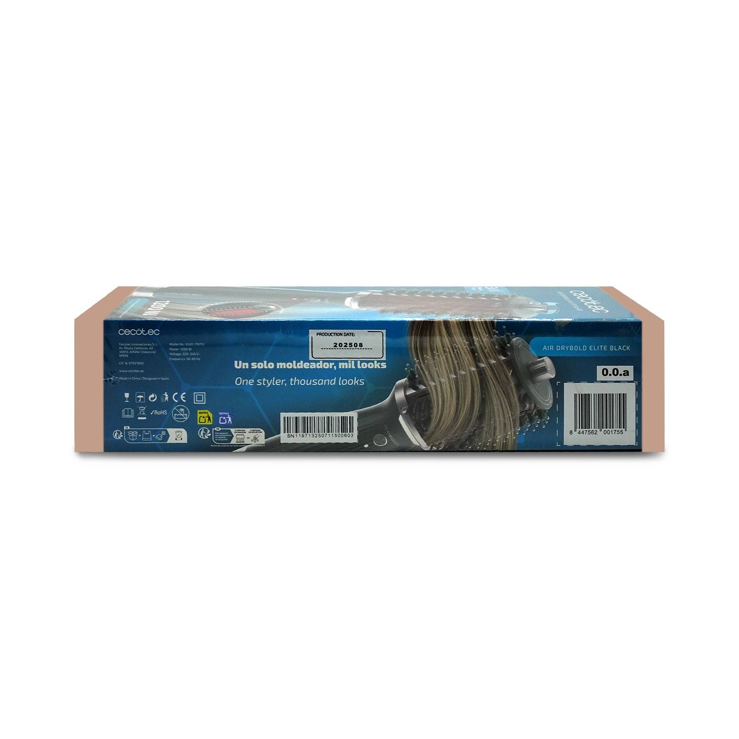 Verpackung eines Cecotec Air Lisse Elite Black Stylinggeräts, gezeigt in der Verpackung mit Produktabbildung und Barcode.
