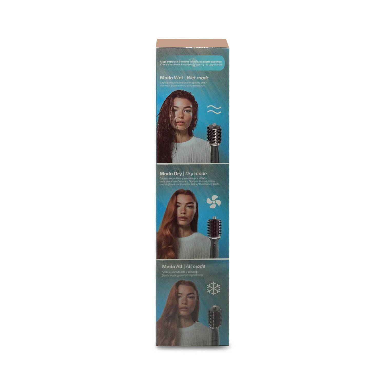 Haartrockner-Verpackung mit drei Stylingmodi: 'Mode Wet | Nassmodus', 'Mode Dry | Trockenmodus' und 'Mode All | Allmodus', jeweils mit einer Frau und einem Symbol