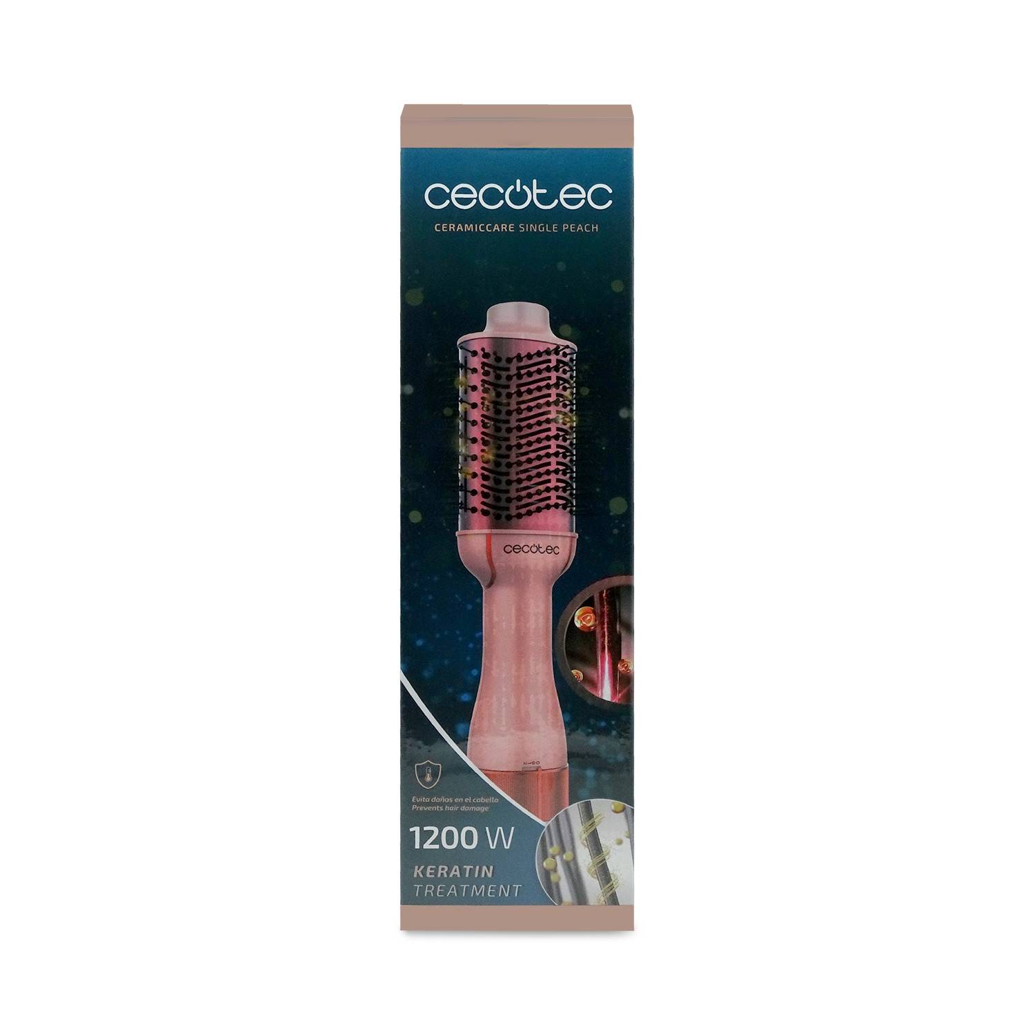 Paket für Cecotec 'CeramicCare Single Peach' 1200 W Keratinbehandlung Haarbürste/Föhn, vorne auf der Schachtel abgebildet.