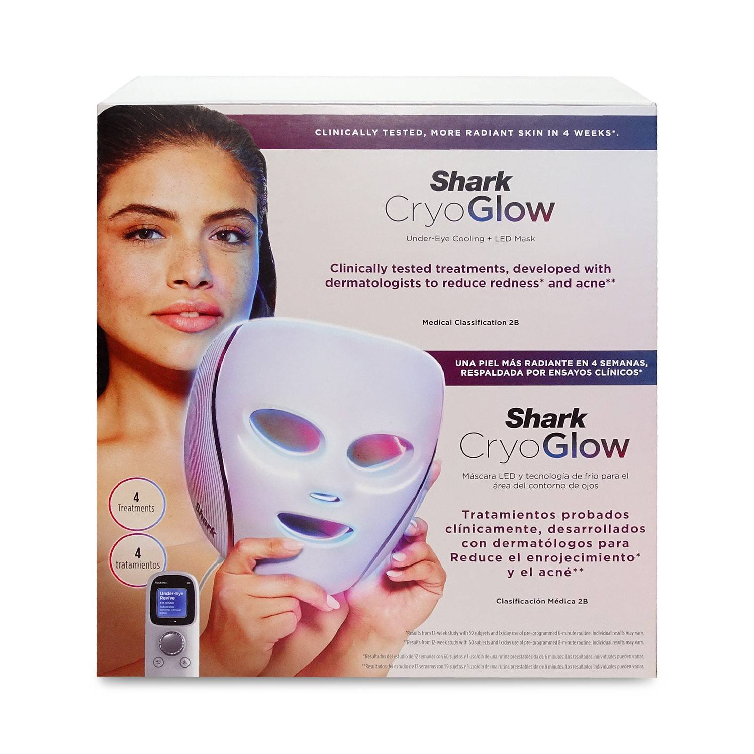 Shark CryoGlow Unter-Augen-Kühl- und LED-Maske, Verpackung, die eine Frau zeigt, die die leuchtende Gesichtsmaske und ein Behandlungsgerät hält, mit Aussagen über die Verringerung von Rötungen und Akne.