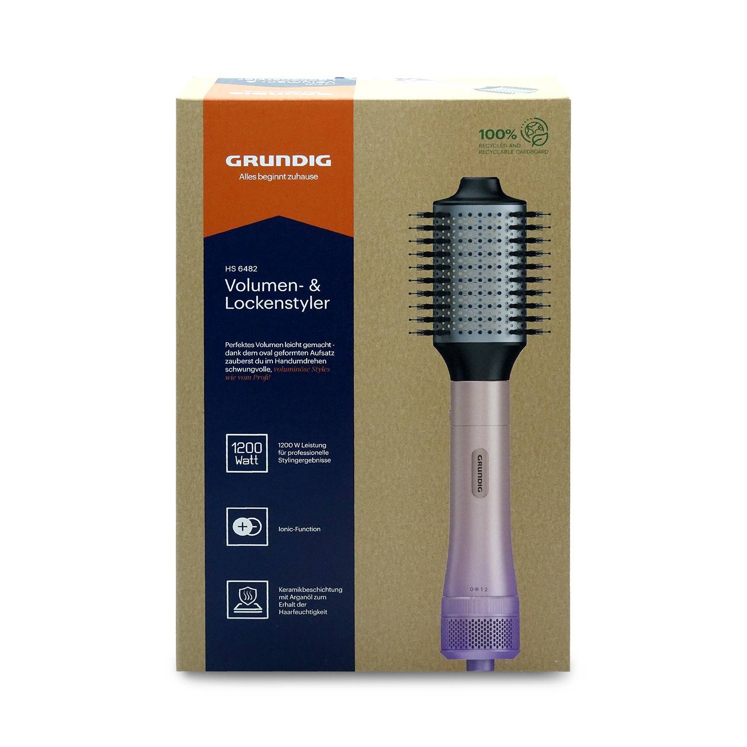 Verpackung eines Grundig 'Volumen- & Lockenstyler' Heißluft-Stylingbürste, zeigt das Produktbild und 1200-Watt-Eigenschaften.