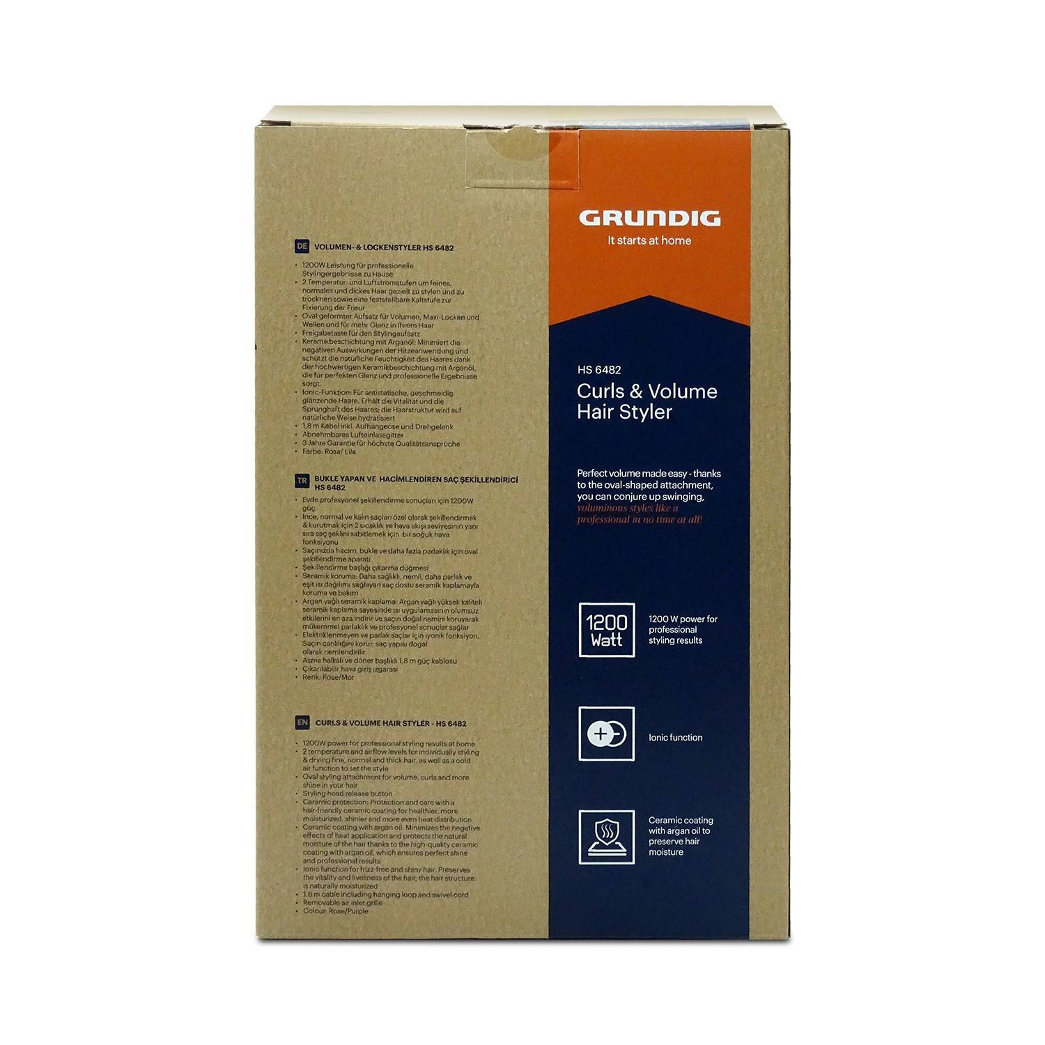 Vorderseite einer Grundig 'Curls & Volume Hair Styler' Verpackung, die 1200 Watt Leistung und Funktionen wie Ionenfunktion und Keramikbeschichtung zeigt.