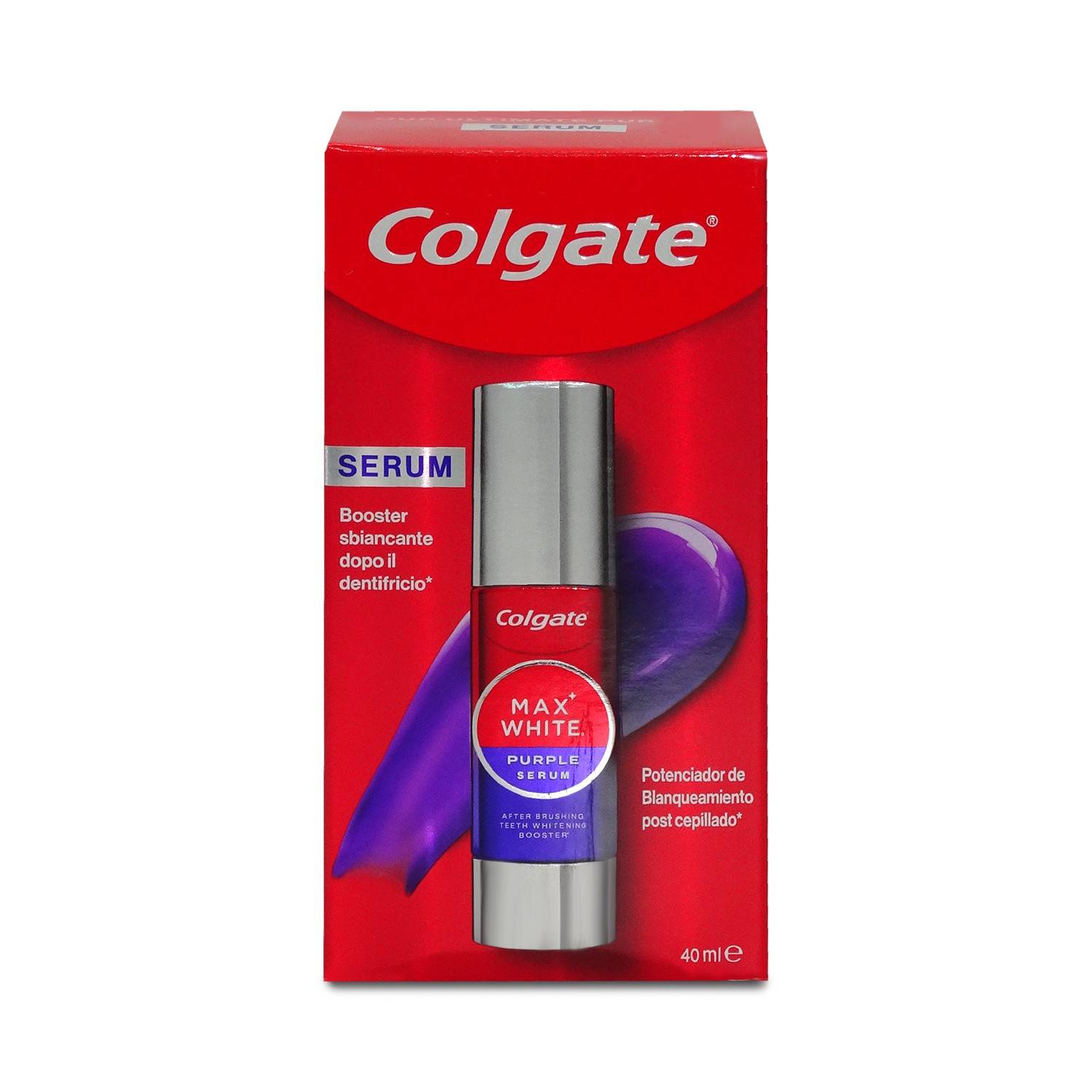 Colgate Max White Purple Serum Zahnaufhellungs-Booster in roter Schachtel mit silberner Flasche, 40 ml.