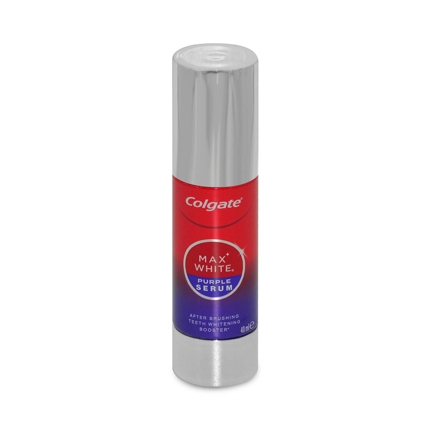 Colgate Max White Purple Serum Zahnaufhellungs-Booster in einer roten, violetten und silbernen zylindrischen Flasche auf weißem Hintergrund.