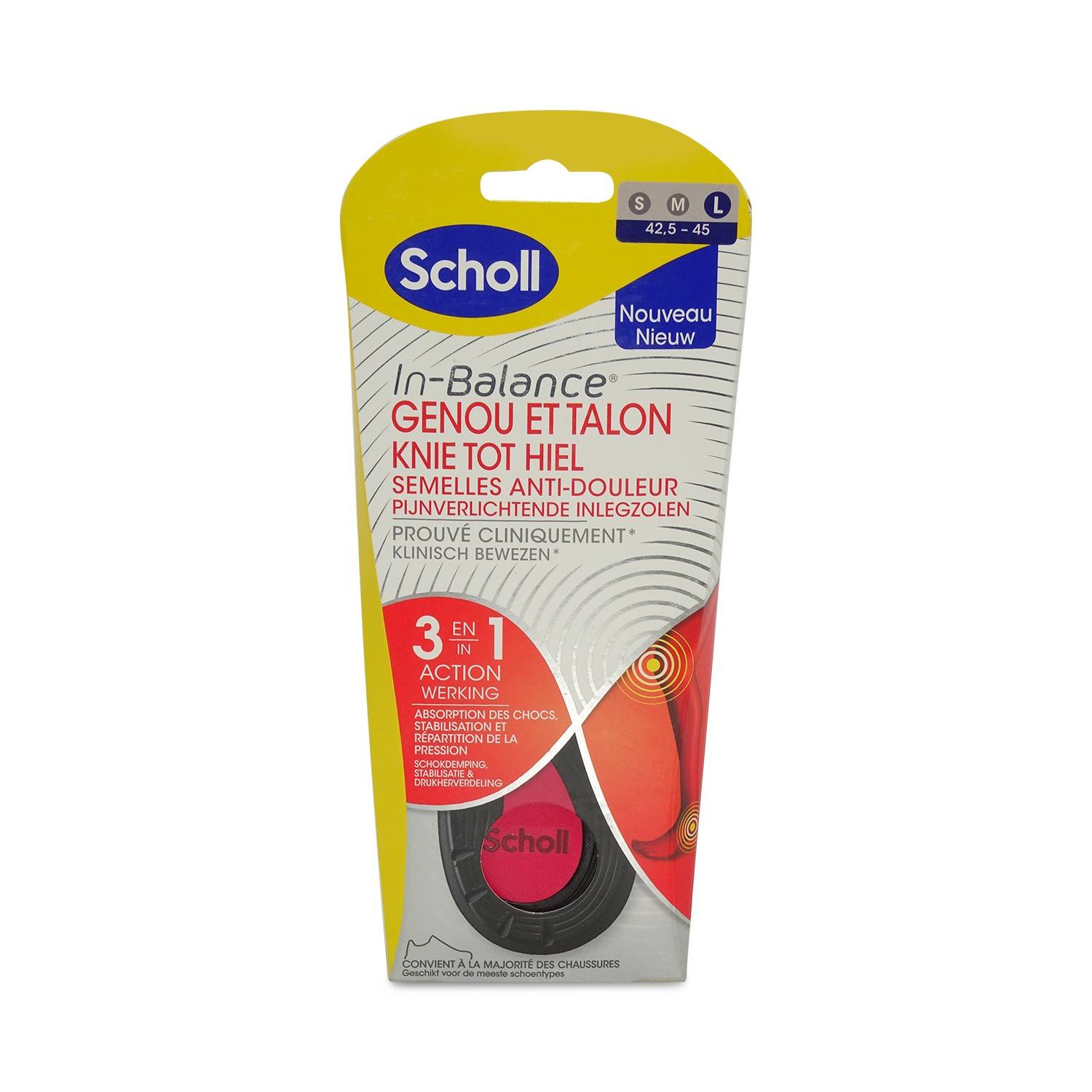 Scholl In-Balance Knie-, Fersen- und Schmerzlinderungseinlagen-Paket, Größe L, von vorne auf weißem Hintergrund gezeigt.