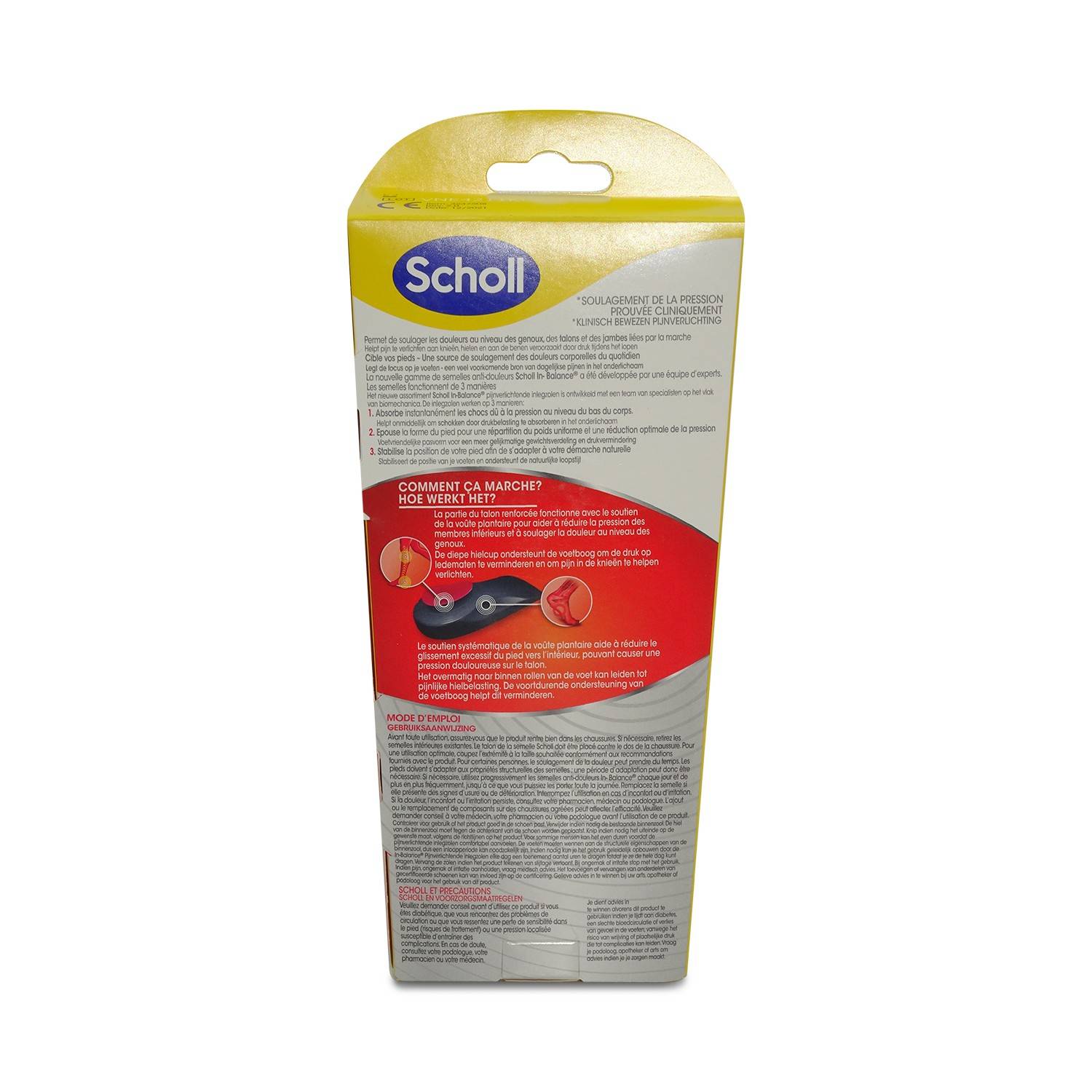 Rückseite einer Scholl-Fußpflegeproduktes-Verpackung mit französischen Anweisungen, einem 