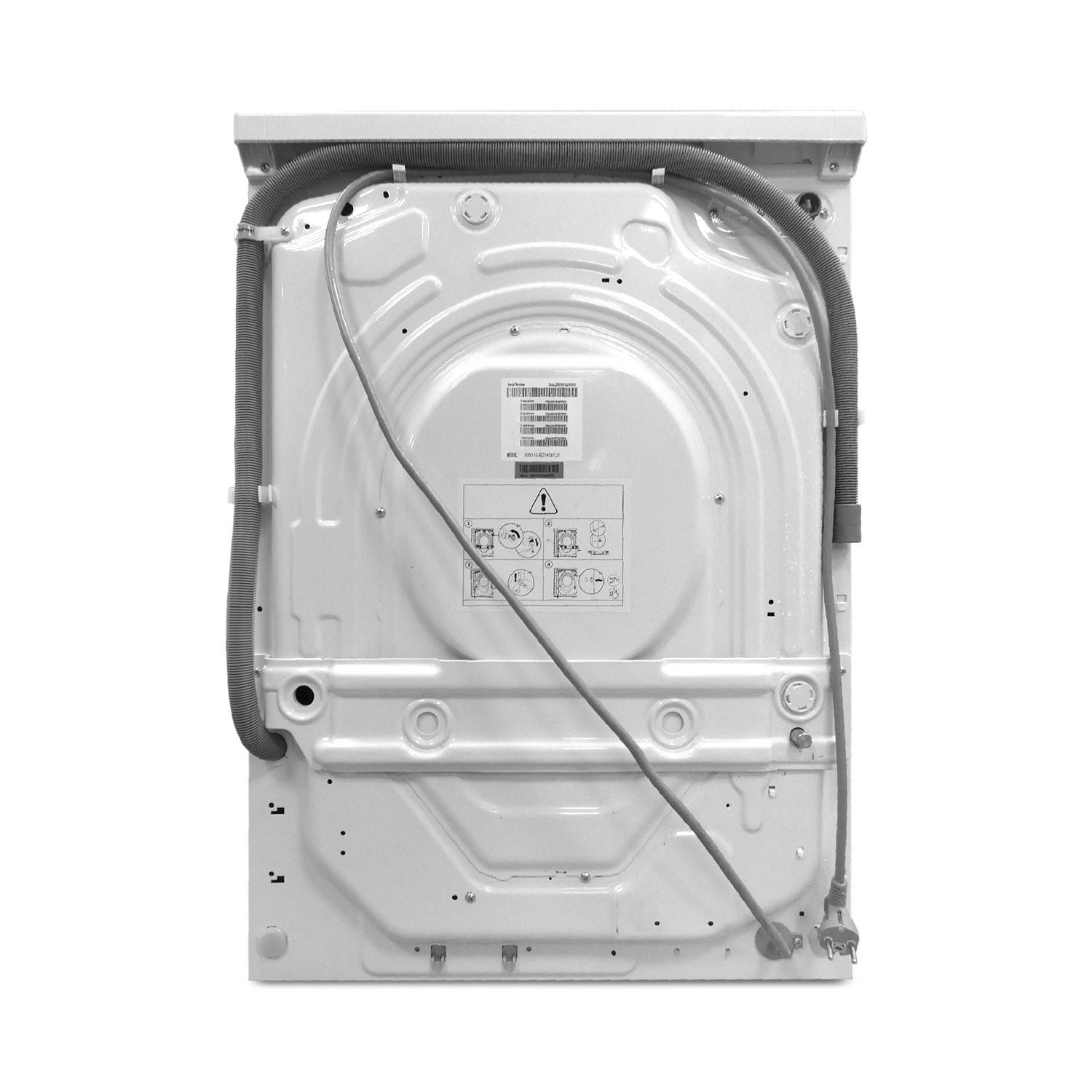 Rückansicht eines Waschmaschinen-Bedienfelds mit freiliegendem Metallgehäuse, sichtbarer Verkabelung und Serviceetiketten.
