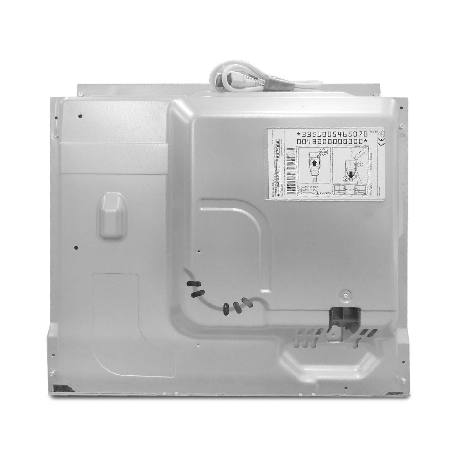Rückansicht eines Metallgerätepanels mit angebrachtem Stromkabel und Produktetikett.